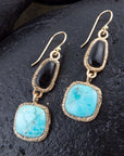 Black Onyx and Blue turquoise Golden Bronze Drop Earrings