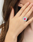 Blue Turquoise and Red Quartz Flower Golden Ring