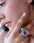 Blue Turquoise and Red Quartz Flower Golden Ring
