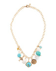 Blue Turquoise and White Pearl Multi Charm Golden Necklace