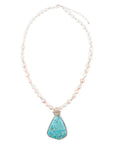 Blue Turquoise Pendant and White Pearl Sterling Silver Necklace