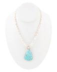 Blue Turquoise Pendant and White Pearl Sterling Silver Necklace