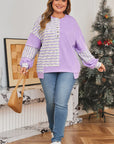 Purple Stripe Patchwork Buttoned Drop Shoulder Plus Size Pullover