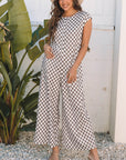 Paisley Checkered Buttoned Crew Neck Wide Leg Jumpsuit