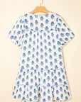 Floral Puff Sleeve Tied Neck Pocketed Mini Dress