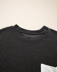 Colorblock Corded Knit Pocketed Crew Neck T-Shirt