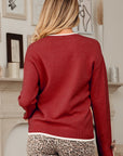 Leopard Bow Split Cuff Contrast Trim Sweater