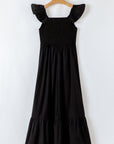 Solid V-Neck Flutter Sleeve Ruffle Maxi Dress