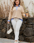 Plus Size Stripe Contrast Trim Waffle Knit Collared Top