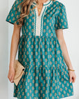 Floral Contrast Trim V-Neck Short Sleeve Dress