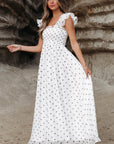 Polka Dot Flutter Sleeve Smocked Maxi Dress