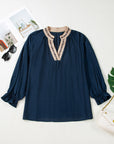 Plus Size Leopard Contrast Collar Long Sleeve Blouse