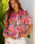 Floral Lace Up V-Neck Short Sleeve Blouse