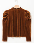 Velvet Frilled Neck Puff Sleeve Top