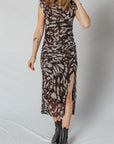 Abstract Mesh Cowl Neck Ruched Slit Midi Dress