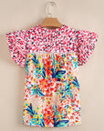 Floral Patchwork Ruffle Cap Sleeve Blouse