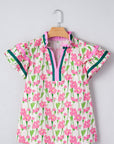 Floral Contrast Trim V-Neck Ruffle Short Sleeve Blouse