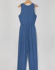 Solid Pleated Detail Sleeveless Elastic Waist Jumpsuit