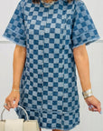 Checker Denim Frayed Hem Mini Dress