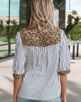 Stripe Leopard Trim V-Neck Buttoned Short Sleeve Shirt