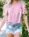 Araceli Floral Embroidered Puff Sleeve Split Neck Blouse