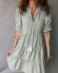 Stripe Tassel Tie-Neck Ruffle Tiered Dress