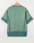 Colorblock 3/4 Sleeve Raw Seam High-Low Top