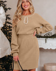 Pearl Embellished Keyhole Ribbed Sweater Dress