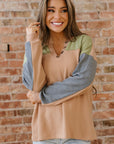 Colorblock Thermal Textured Knit Drop Shoulder Henley Top