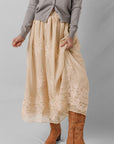 Solid Embroidered Mesh Overlay Midi Skirt
