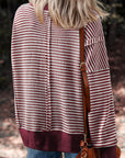 Stripe Ribbed Trim Drop Shoulder Top