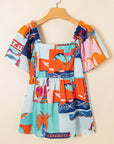 Tropical Square Neck Flutter Sleeve Babydoll Blouse