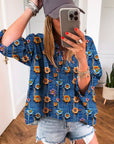 Floral Patchwork Long Sleeve Collared V-Neck Blouse