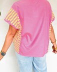 Stripe Patchwork Waffle Knit Loose T-Shirt