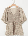 Floral Puff Sleeve Smocked V-Neck Top