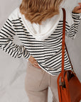 Stripe Textured Long Sleeve Hooded V-Neck Top
