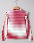 Stripe Round Neck Ruffle Trim Long Sleeve Top