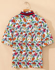 Floral Contrast V-Neck Puff Sleeve Blouse