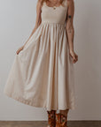 Solid Scoop Neck Ribbed Bodice Pleated Maxi Dress