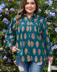 Plus Size Floral Lace Trim Pleated Buttoned Shirt