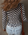 Checker Mesh Mock Neck Long Sleeve Top