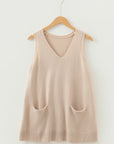 Solid Ribbed Trim Deep V-Neck Sleeveless Tunic Sweater