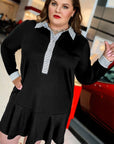 Plus Size Stripe Cuffs Collared Ruffle Hem Dress