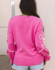 Bow Tie Corded Embroidery Ruffle Cuff Sweater
