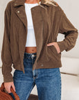 Solid Corduroy Lapel Collar Zip-Up Buttoned Jacket