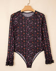 Floral Smock Cuff Mesh Slim Fit Bodysuit