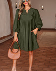 Corduroy Pleated Scallop Neck 3/4 Sleeve Mini Dress