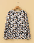 Leopard Contrast Scallop V-Neck Long Sleeve Blouse