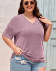 Plus Size Solid Corded Knit V-Neck T-Shirt