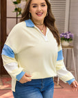 Plus Size Colorblock Raw Seam Patchwork V-Neck Pullover